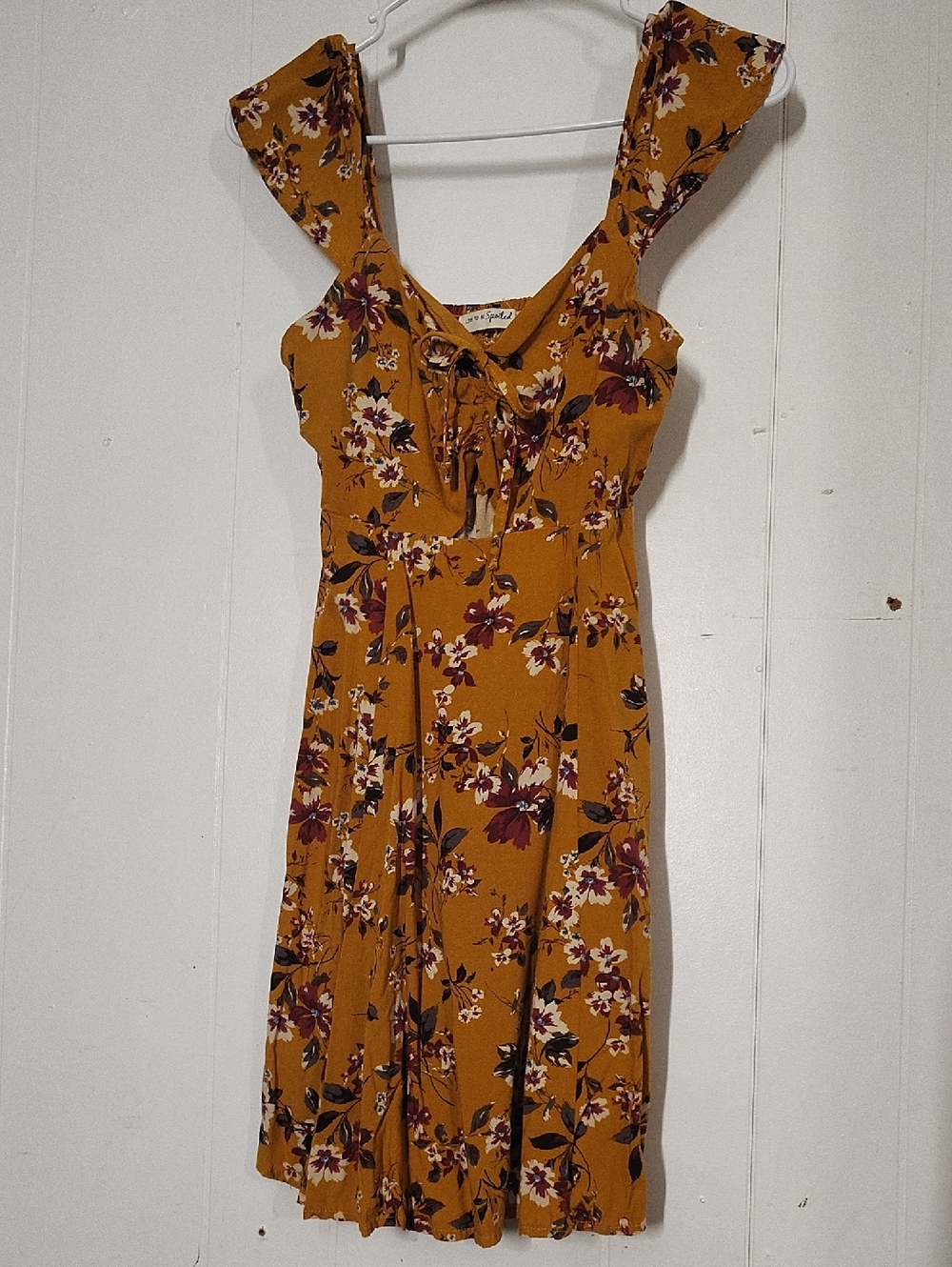 Mustard Floral Midi Dress with Tie-Front